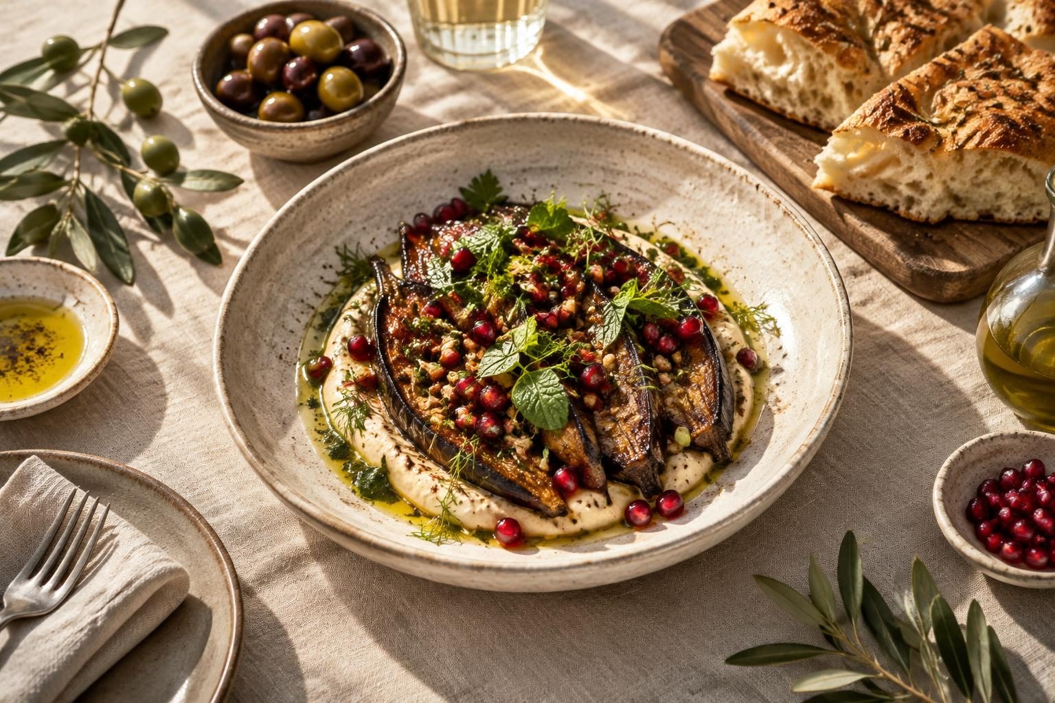 Mediterrane Aubergine mit Tahini, Granatapfel und Focaccia