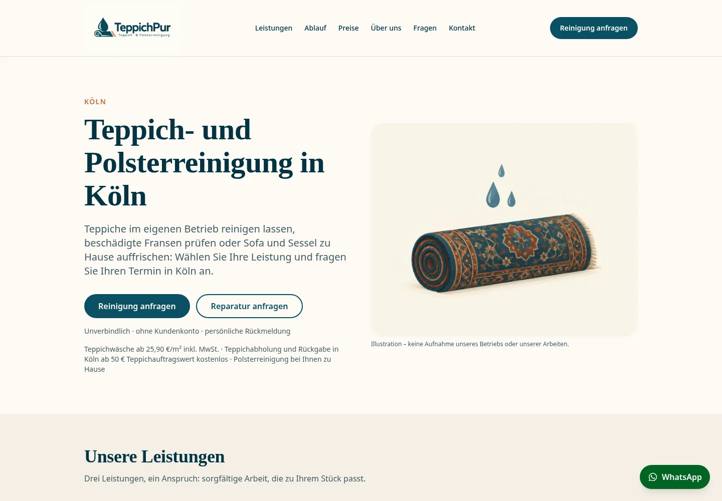 Screenshot der Startseite von teppichpur.de zur Teppich- und Polsterreinigung in Köln